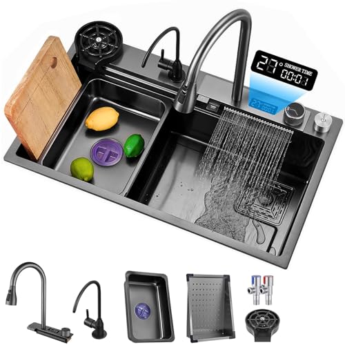 GLETSF Fregadero De Cocina Negro, Fregadero De Cocina De Acero Inoxidable 304 con Cascada, Estación De Trabajo con Grifo Mezclador Extraíble, Fregadero Grande De Un Solo Tazón-45 * 75cm