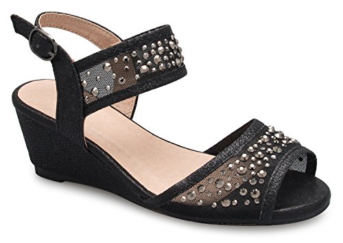 Olivia K Girl's Peep Toe Rhinestone Ankle Strap with Adjustable Buckle Wedge Sandals - Adorable, Comfort, Casual