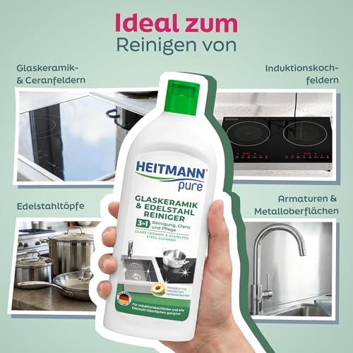 HEITMANN pure Glaskeramik- und Edelstahlreiniger 250 ml | Ceranfeldreiniger für Ceranfeld & Cerankochfeld | Glaskeramik Reiniger & Edelstahlreiniger Küche 3 in 1 mit Abperl-Effekt 3