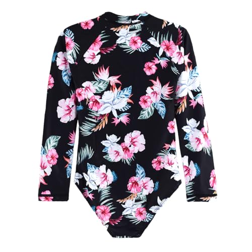 Image of Kids Girls Rash Guard Long Sleeve One Piece Swimsuits Zipper Bathing Suits UPF 50+ Tropical Plant Flowers Ages 3-12