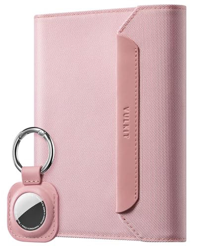 VULKIT Passport Card Holder, Vegan Leather Passport Wallet, RFID Blocking, Travel Essential, Magnetic Closure, Detachable AirTag Holder, Pink, Slim and Compact