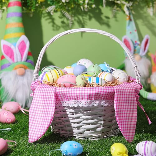 Image of Hushee Easter Willow Gift Basket 11 inchx7 inch Easter Wicker Bunny Baskets with Folding Handle Plaid Liners for Kids Toys Eggs Hunt Wood Bunny Bucket Decorations(Pink and White Plaid)