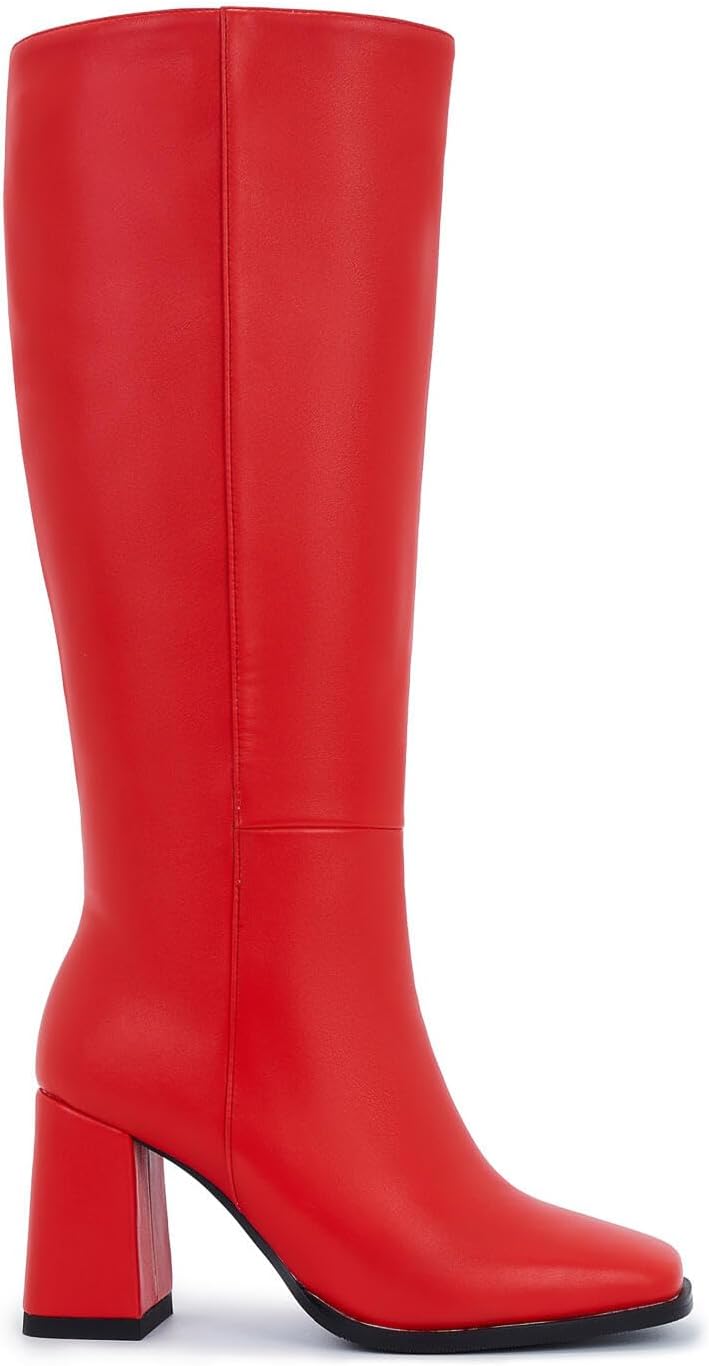 Knee-High Boots for Women - Wide Calf Boots with Zipper, Square Toe Tall Leather Boots, Chunky Heel Fashion Long Boots - Image 2