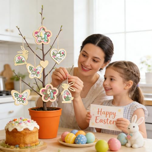 VgxRolq 24 Stück Osterdeko Anhänger Holz, Frühlingsdeko mit Hasen Ostereier Schmetterlinge Blumen, Ostern Deko, Frühlingsdeko zum Aufhängen für Wände, Fenster, Körbe, Äste