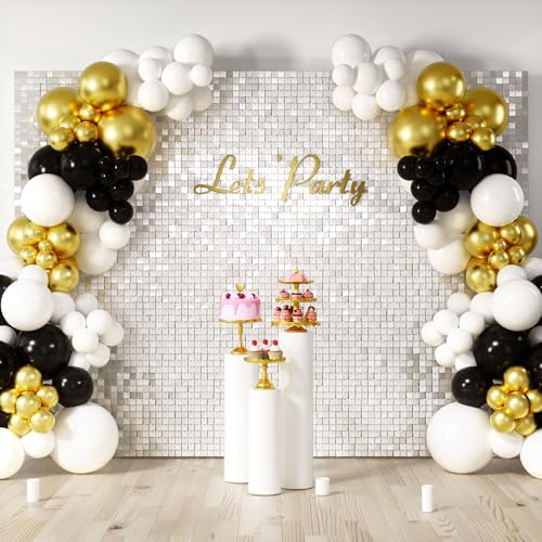 Image of COKAOBE Mirror White Shimmer Wall Backdrop, 48PCS Square Sequin Shimmer Backdrop Panel, Photo Backdrops for Birthday, Anniversary, Wedding, Graduation & Bachelorette Party Decoration