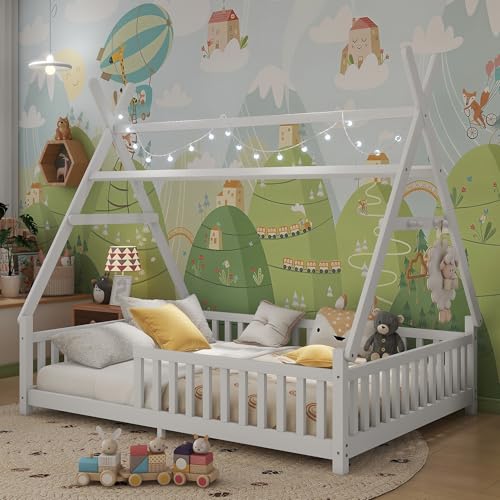 Image of Mirightone Teepee Floor Bed for Kids, Full Size Montessori Beds with Rails & LED Light, Detachable Floor Tent Bed with Slats and Hanging Rack, Wood House Bedframe for Boys Girls, White