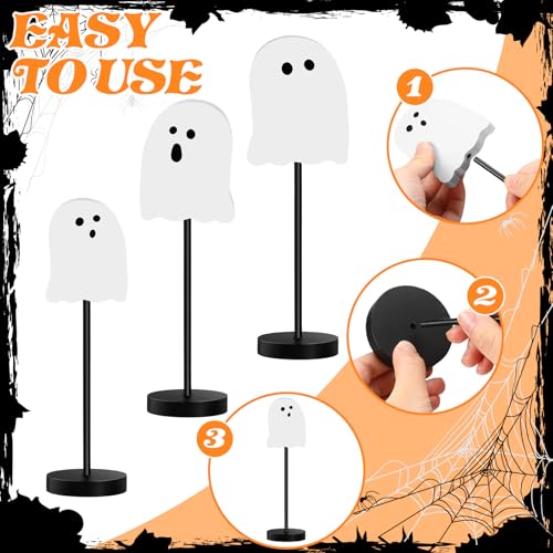 Image of Briwooody 6 Pcs Halloween Table Decorations Cute Ghost Wooden Signs Halloween Tiered Tray Decor White Ghost Spooky Table Centerpiece Tall Block Sign for Party Home Mantel Shelf Room Decor