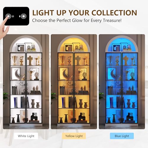Display Cabinet with Doors and Adjustable Shelves, 76" Tall Display Case with LED Lights/Arch Storage Space, 6 Tier Bookcase for Collectibles Bedroom Living Room Office, White