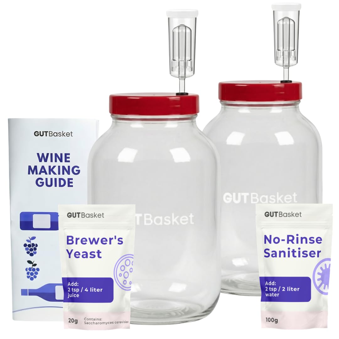 Gutbasket Wine Making Kit for Home Wine Making, Glass Wine Fermentation Jar Set, Wine Supplies for 40L Wine, 2 x 4L Fermentation Jars, Wine Yeast, Airlock, No Rinse Sanitiser (2 Jar Set)-image-26