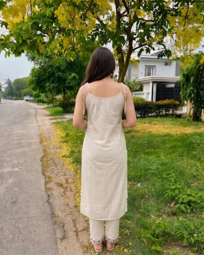 Image of Women's Embroidered Kurta Set, Off-White with Blue Floral Print, Sleeveless Strappy Kurta with Pom-Pom Detail and Matching Pants