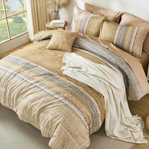 Image of Dintszyayue Khaki King Comforter Size Set, 8 Pieces Striped Boho Texture Bed in a Bag Sets, Lightweight Soft Bohemian Comforter and Sheet Set, All Season Microfiber Bedding Sets for Men Women