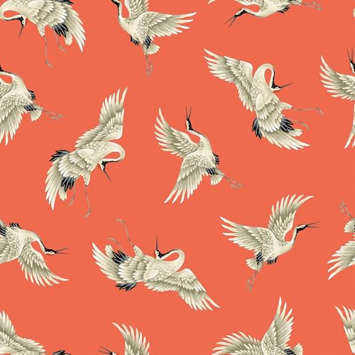 VEELIKE Vintage Japanese Crane Peel and Stick Wallpaper Oriental Asian Crane Wallpaper 17.7''x118'' Removable Self Adhesive Contact Paper Coral Pink Bird Wall Paper for Bedroom Living Room Nursery