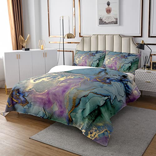Erosebridal Golden Marble Grain Bedspread Queen,Gradient Marble Texture Quilted Marble Pattern Printed Abstract Coverlet Set Ink Fluid Art Quilt Set Pastel Purple Teal Green Marble Decor #TOP1