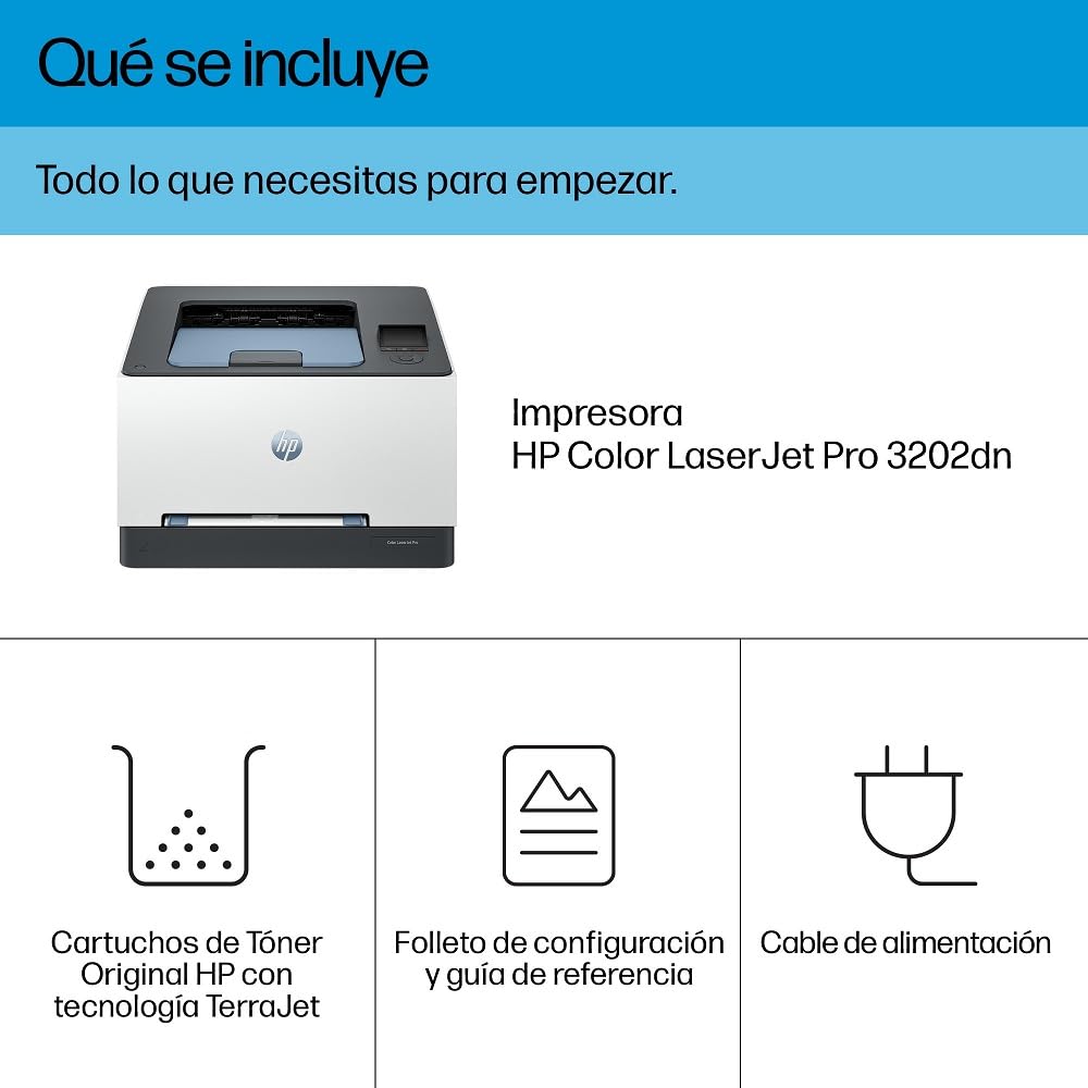 HP Color LaserJet Pro 3202dn, Impresora Láser Monofunción A4, impresión a Doble Cara automática, 25 ppm, USB 2.0, Procesador 1,2 GHz, Ethernet, Memoria 256MB, Compatible Smart, Blanca y Azul