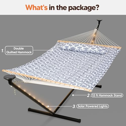 SUNCREAT Hammocks Outdoor 2 Person Hammock with Solar Powered Lights, Double Hammock with 12 ft Stand Included, Light Gray by SUNCREAT - Image 7