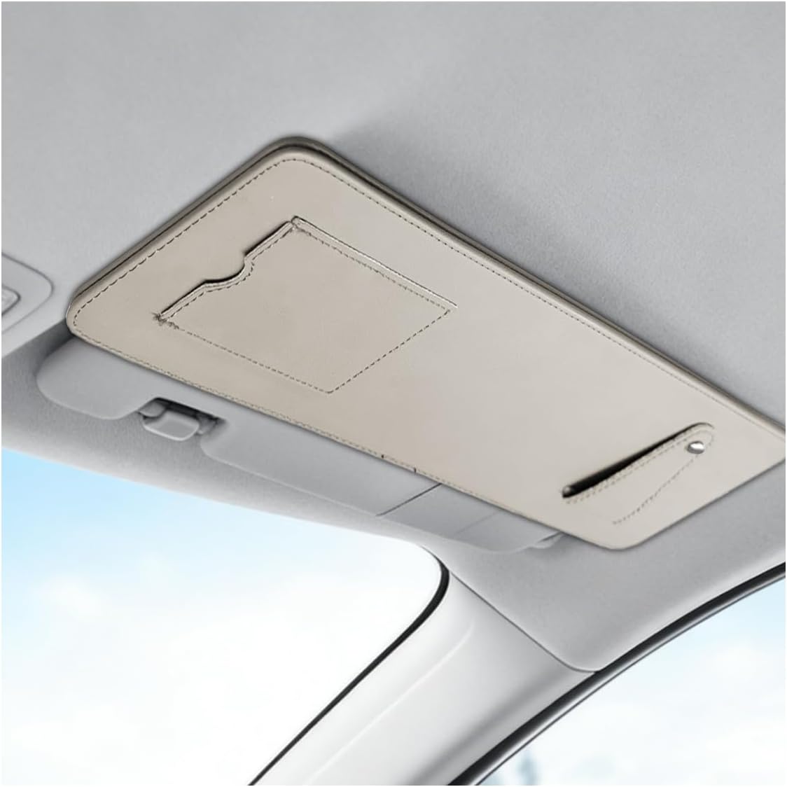 Car Sun Visor Organizer, Clip-On Car Sun Visor Extender with Sunglass Holder & Card Pocket, Multifunctional Universal Auto Interior Storage Accessories for Most Cars (Beige)
