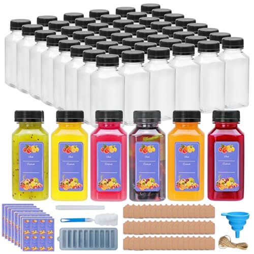 8oz Plastic Juice Bottles with Caps,Plastic Bottles with Black Tamper Proof Lids,Reusable Juice Containers for Juicing,Milk,Hot Sauce,Kombucha,Oil,Ginger Jar,Portable Travel Bottle,Smoothies,54PCS