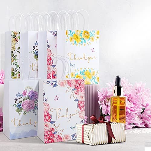 Kesote 24Pcs Floral Style Thank You Party Bags with Handle, Floral Design White Kraft Paper Bags for Thank You for Purchasing Baby Shower Birthday Party - 6.3 x 8.7 x 3.2