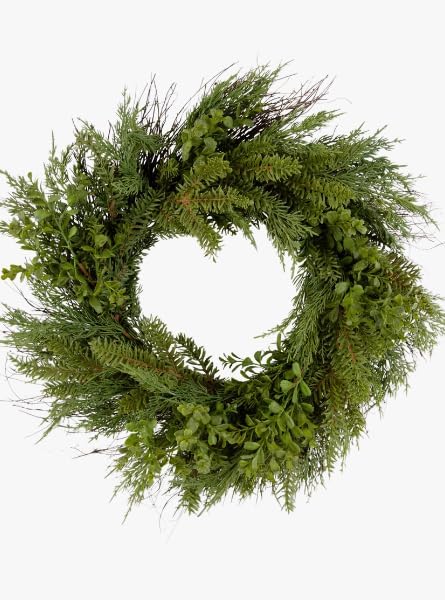 24 Inch Elegant Pine and Boxwood Wreath, Real Touch Artificial Greenery on Vine Base for Door, Wall, or Holiday Decor