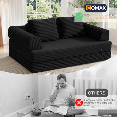 Image of COMAX Convertible Sofa Bed, Folding Floor Couch Corduroy Fold Out Couch Bed Futon Sleeper Mattress with Pillows, Boneless Sofa Comfy Lounge Loveseat for Living Room Bedroom, Plush Black