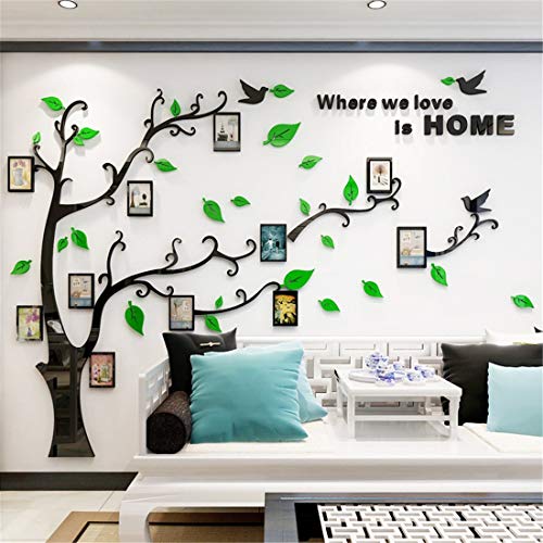 Unitendo 3D Acrylic Tree Wall Stickers Photo Frames FamilyTree Wall Decal Easy to Install &Apply DIY Decor Sticker Home Art Decor (Green Leaves-Left, L)