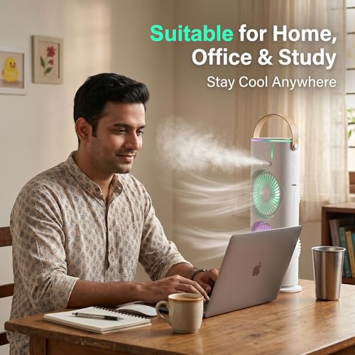 Image of Mini Air Cooler USB Rechargeable Fan with Spray Mist & Remote