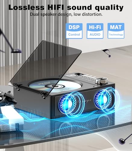 Greadio Portable CD Player with Bluetooth 5.3, 4000mAh Rechargeable CD Music Player with Remote Control, Dual Speakers, LED Display, Supports USB, TF Card, AUX for Home/Car (Black) - Image 6