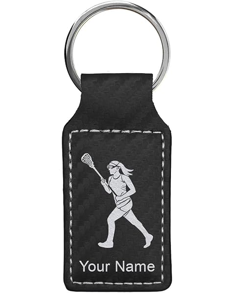 LaserGram Rectangle Keychain, Lacrosse Player Woman, Personalized Engraving Included