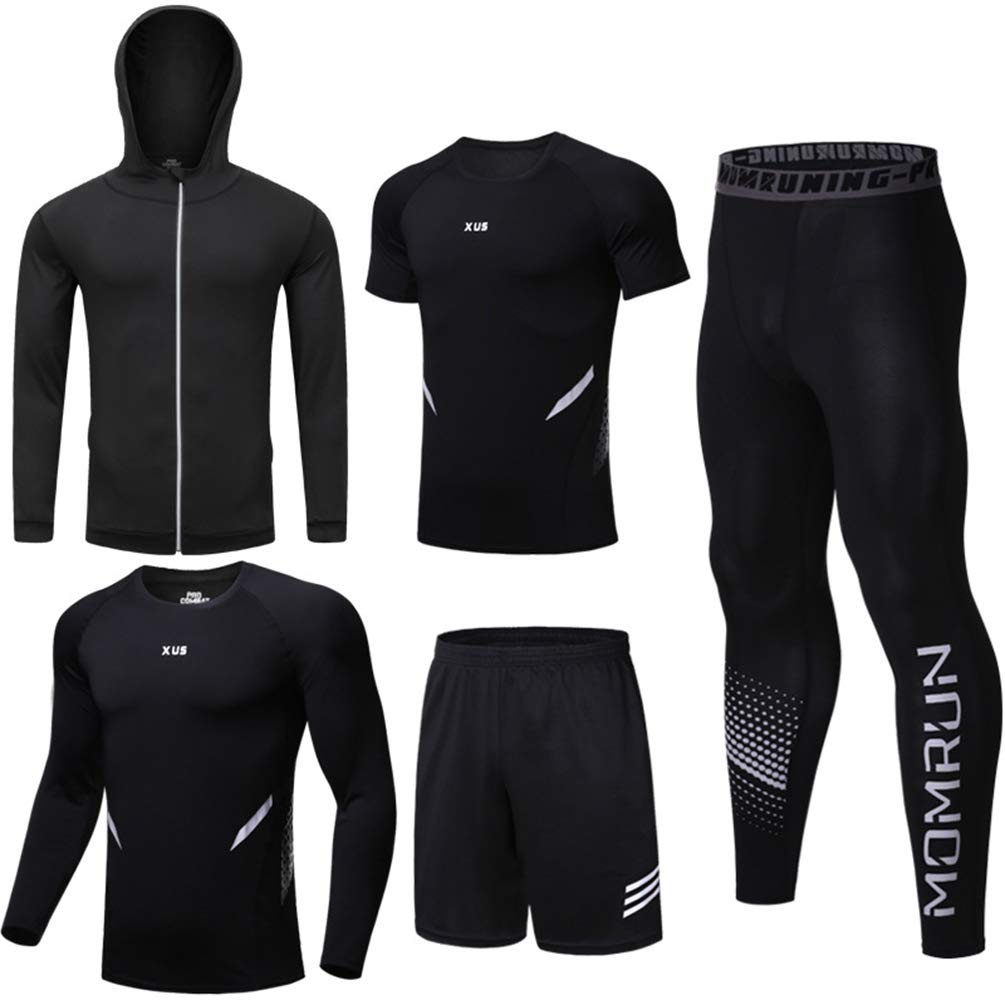LucaSng 5 Pièces Ensemble Compression Homme Tenue Sport Fitness Vêtement de Sport avec Hoodies Vestes Shirt Compression Legging Collant Sport Short Running Jogging Cyclisme