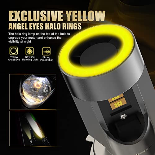 Aolead H4 Led Headlight Yellow Motorcycle W/Angle Eye Daytime Running Light 9003 Hi/Lo Beam 25W 3200Lm Custom Chips High Bright 6000K Conversion Kit #TOP1