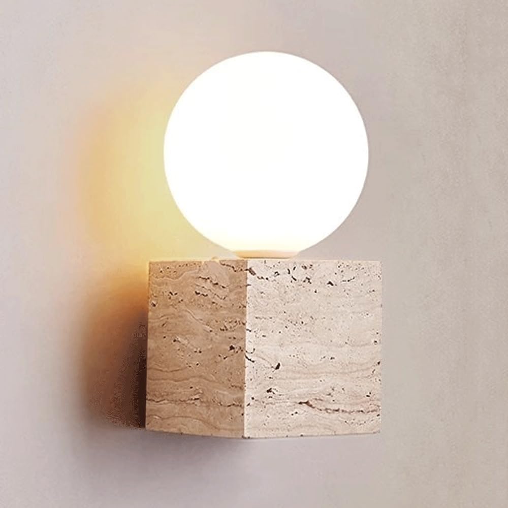 Modern Travertine Wall Sconce, Geometric Cube Wall Light with White Glass Globe Shade, Unique Natural Stone Ambient Decorative Lighting for Bathroom, Living Room, Bedroom, Hallway, Vanity.(Beige)