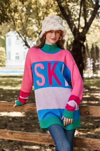 Image of Yousify Womens Sweaters Fall 2025 Oversized Color Block Ski Sweater Crewneck Winter Tops S-2XL