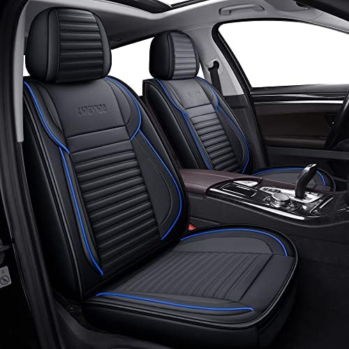 LINGVIDO Leather Car Seat Covers,Breathable and Waterproof Faux Leather Automotive Seat Covers for Cars SUV Pick-up Truck Sedan,Universal Driver Seat Cover with Backrest (2 PCS Front Seat, Blue+Black)