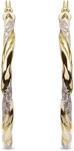 Vista 3 de LeCalla Pendientes de aro de plata de ley 925 texturizados de dos tonos, tres tonos, chapados en oro de 14 quilates, ligeros, diseño italiano