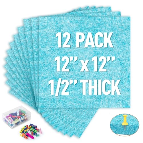 AKTOP Cork Bulletin Board 12x12, 1/2" Thick Felt Cork Board Tiles 12 Pack, Small Square Pin Board for Wall, Self Adhesive Corkboards with 120 Push Pin Wood Clips for School, Home & Office, Baby Blue