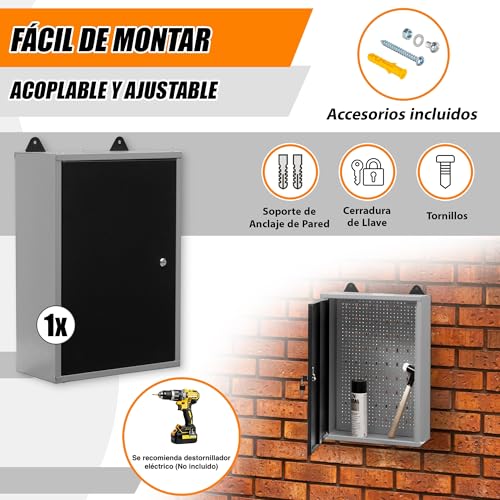 Miniatura 5 de Metallmobell - Armario Metálico De Pared 60x40x20cm, Con Estanterias Metálicas, Panel Herramientas Pared Y Cerradura, Armario Oficina, Armario Exterior, Archivadores Oficina, Armario Con Llave -Mb01