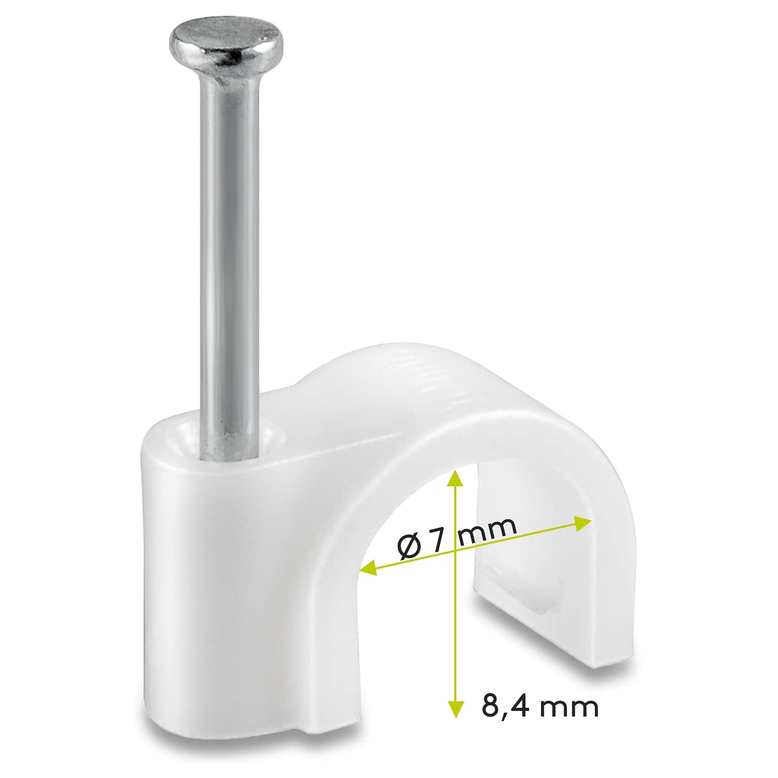 100 x obejma kablowa | 7 mm | Obejma do paznokci zacisk do kabli Klipsy samoprzylepne z wtopionym gwoździem | Wysokość: 8,4 mm | Biały | 100 sztuk