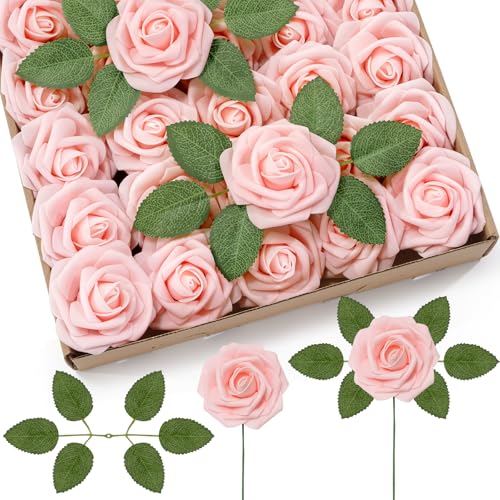 Lifewit Artificial Flowers 25 Pcs Blush Foam Real Looking Roses with Stems Fake Roses for DIY Wedding Bouquets Centerpieces Arrangements Valentine Decorations