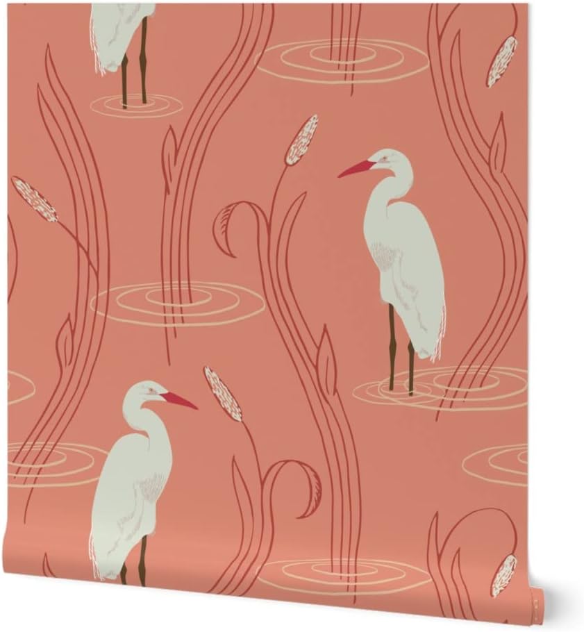 Removable Wallpaper 6ft x 2ft - White Egrets Coral and Cream Coastal Nautical Large Scale Wildlife Beach Marsh Custom Pre-Pasted Wallpaper by Spoonflower