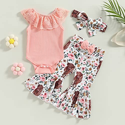 Western Baby Girl Clothes Lace Ruffle Sleeveless Ribbed Romper Cow Flare Pants Headband Set Infant 3Pcs Summer Outfits (A-Pink, 12-18 Months) #TOP1