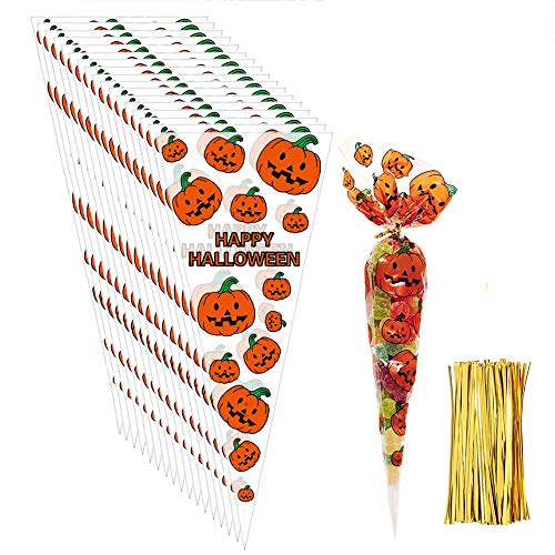 Viccess 200 Pièces Halloween Sac Cadeau Bonbons avec 200pcs Rubans,Sacs Cônes Transparents Sac Sachet Bonbon Sachets de Friandises en Cellophane pour Faveurs de Fête d'halloween (Citrouille)