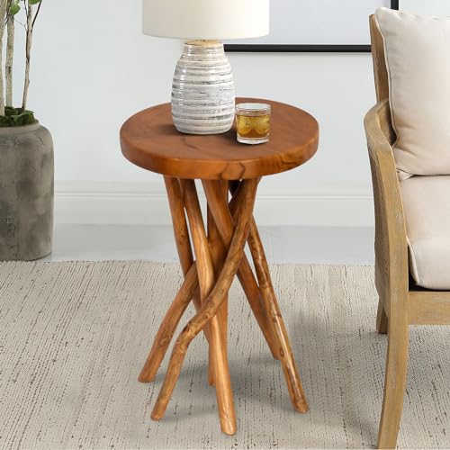 JOLLYMER Teak Wood Side Table with Stick Leg Base, 17.7" Accent Table