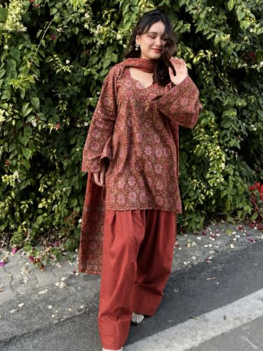 Image of ANNI Designer Farshi Salwar Suit for Women Cotton Printed | Kurta Dupatta Set for Woman | Straight Palazzo Outfit Round Neck V-Slit Long Sleeve Ethnic Dress Stylish Womens Clothing