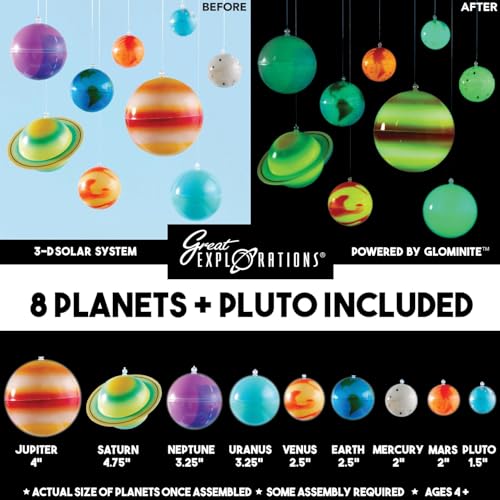 Great Explorations, 3-D Solar System Glow In The Dark Ceiling Hanging Kit 3D Planets and Star Stickers Create the Milky Way Teach Science STEM