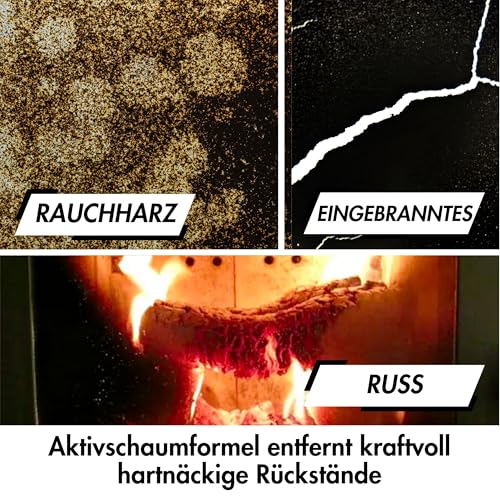 ONELIQIT® Kaminglasreiniger extra stark 300ml, Kaminscheibenreiniger mit Hochleistungs Aktivschaum Rezeptur für die effektive Beseitigung von hartnäckigen Verbrennungsrückständen