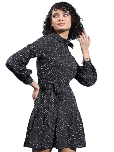 Image of Tokyo Talkies Black & White Polka Dot Printed Cuffed Sleeves Shirt Dress