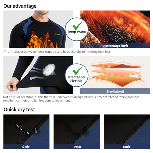 BENNALD Ropa Interior Térmica Hombre, Camiseta Térmica Hombre Deportes Conjuntos Térmicos Ropa Interior Funcional Termo Invierno con elástica para Running Esquí Ciclismo Azul M - imagen 5