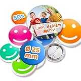 Personalisierter Button selbst gestalten mit eigenem Foto, Logo & Text – 25mm Anstecker individuell bedruckt – Rund mit Anstecknadel – 50 Stück