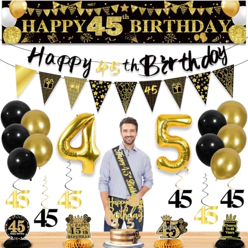 Image of 45th Birthday Decorations for Men, Black Gold 45th Party Decoration Kits