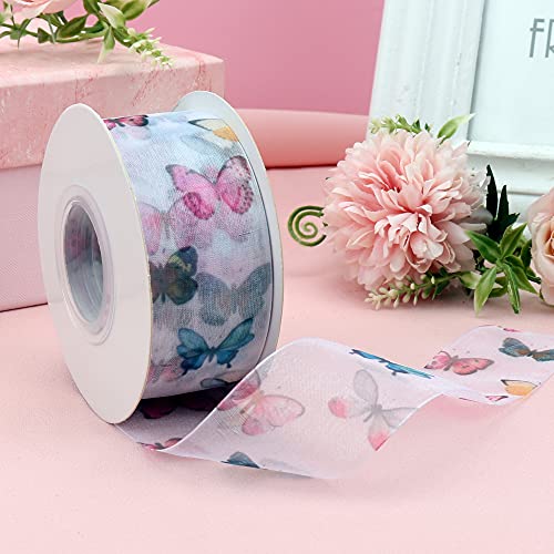 Hyribn 25 Yards Butterfly Printed Silk Ribbon For Gift Wrapping, Chiffon Spring Ribbons For Crafts, Ribbon For Floral , Flower Bouquet, Bows, Wedding, Decoration (White, 1.5") #TOP2